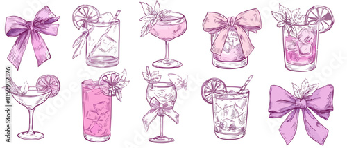 Set di cocktail estivi rosa disegnati a mano con fiocchi viola, illustrazione vettoriale trasparente.