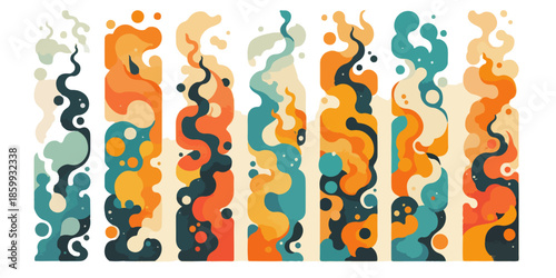 Collezione di elementi grafici astratti verticali con forme organiche fluide in tonalità calde e fredde.