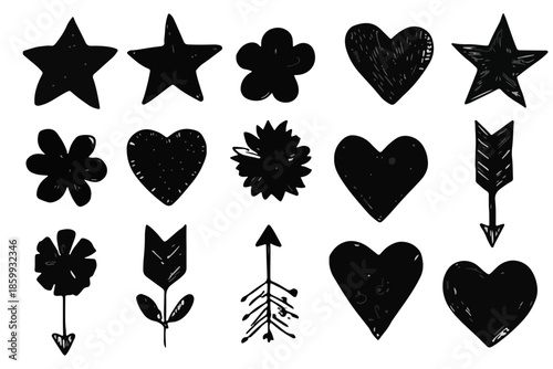Set di icone disegnate a mano in stile schizzo: cuori, stelle, fiori e frecce su sfondo trasparente.