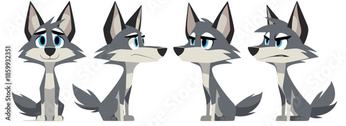 Set di quattro espressioni facciali di un lupo grigio stilizzato con sfondo trasparente.