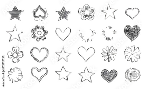 Collezione disegnata a mano di icone astratte come cuori e stelle, perfette per elementi grafici trasparenti.