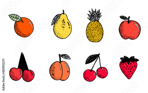 Set di otto illustrazioni disegnate a mano di frutta fresca come arancia, pera, ananas, mela, ciliegie e fragola su sfondo trasparente.