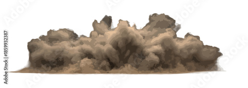 Nuvola di polvere marrone isolata su sfondo bianco, effetto esplosione o impatto su terreno secco.