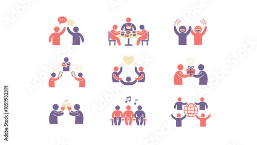 Collection of stylized icons depicting social interactions and group activities.