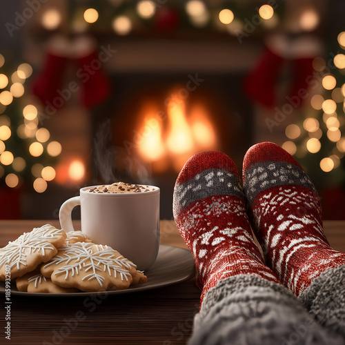 Wallpaper Mural Warm and cozy winter scene featuring festive socks, a hot drink, and cookies by a crackling fireplace, creating a perfect holiday atmosphere. Torontodigital.ca