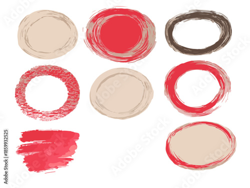 Set di otto elementi grafici astratti disegnati a mano con cerchi e macchie in rosso e beige su sfondo trasparente.