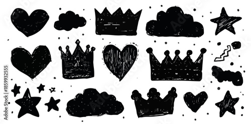 Set di icone disegnate a mano in stile schizzo nero: cuori, corone, nuvole e stelle su sfondo trasparente.