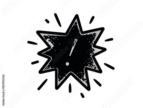Icona stilizzata di un punto esclamativo nero su sfondo trasparente, disegno a mano per avviso o sorpresa.