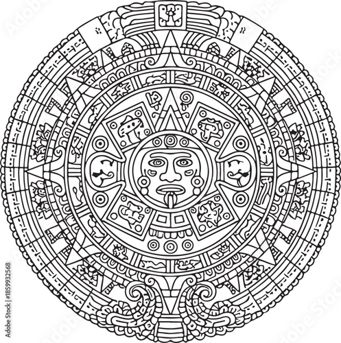 Intricate aztec calendar stone with a central face and detailed circular designs