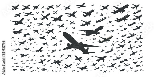 Flotta aerea di silhouette di aerei di linea e jet che volano su sfondo trasparente.