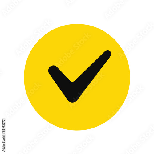 Simbolo di spunta nero su icona rotonda gialla, segno di conferma su sfondo trasparente.