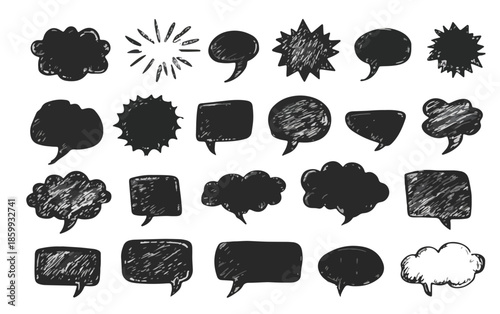 Collezione di fumetti disegnati a mano, bolle di testo nere scarabocchiate su sfondo trasparente, elementi di comunicazione.
