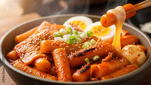 Delicious and spicy Korean-style rice cakes with stretchy melted cheese, garnished with boiled eggs and fresh green onions, served in a rustic bowl