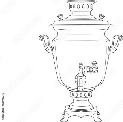 A detailed black and white line drawing of a classic samovar with ornate handles