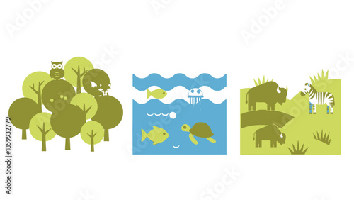 Collection of Three Stylized Nature Scenes with Animals and Plants.