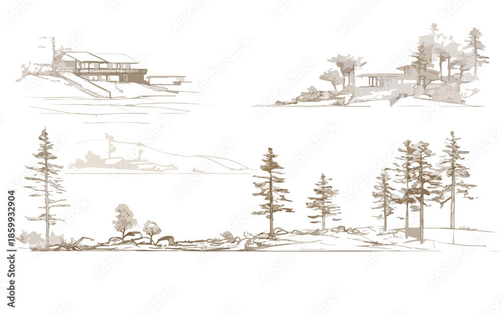 Obraz premium 잔디와 나무가 있는 언덕에 현대식 주택과 해안 풍경을 묘사한 스케치