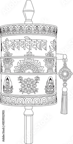 Detailed illustration of a traditional tibetan prayer wheel with ornate carvings and symbolic designs