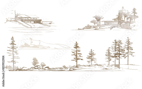 잔디와 나무가 있는 언덕에 현대식 주택과 해안 풍경을 묘사한 스케치