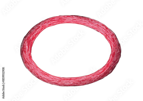 흰색 배경에 놓인 붉은색 투명한 고리 모양의 질감 있는 오브젝트