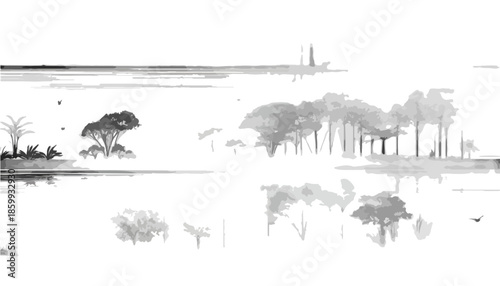 수채화 스타일의 흑백 풍경, 투명한 물에 비친 나무와 새들의 평화로운 모습