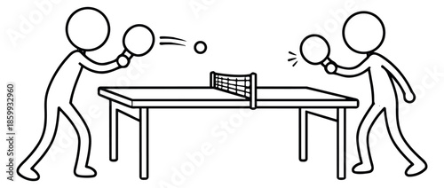 Simple line art illustration of two stick figures playing table tennis depicting a competitive match for sports and recreation