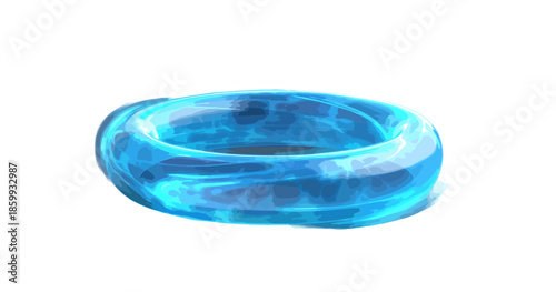 투명한 푸른색 고리 모양의 추상적인 형태가 흰색 배경에 떠 있습니다.