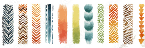 다양한 질감과 패턴의 수채화 브러시 스트로크 및 민족 문양 디자인 요소 모음