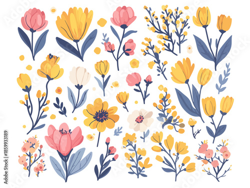 다양한 색상의 아름다운 봄꽃과 잎사귀 일러스트 모음, 투명한 배경에 디자인 요소로 활용 가능