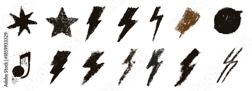 다양한 번개 모양, 별, 음표, 말풍선, 붓 터치 등 손으로 그린 다양한 그래픽 요소 모음