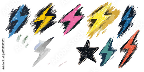 다양한 색상의 번개 모양 아이콘과 별 모양 아이콘이 모여 있는 일러스트