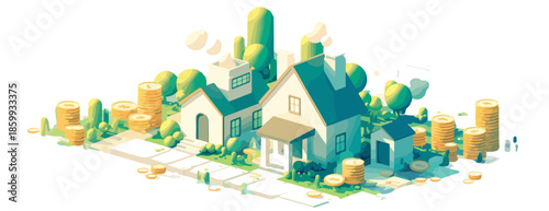 동화 같은 마을 풍경 속 집들과 쌓여있는 동전 더미, 재테크와 부동산 투자를 상징합니다.