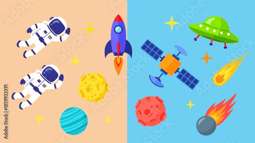 Space Exploration Elements with Astronauts and Celestial Bodies.