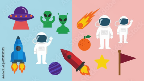 Space-themed cartoon elements with astronauts and aliens on a split background.