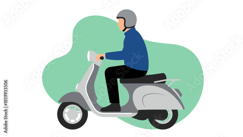 Person riding a scooter, illustration of a person in a helmet driving a scooter on a light green background
