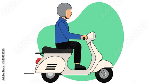Man Riding a Scooter Illustration with Rounded Green Background