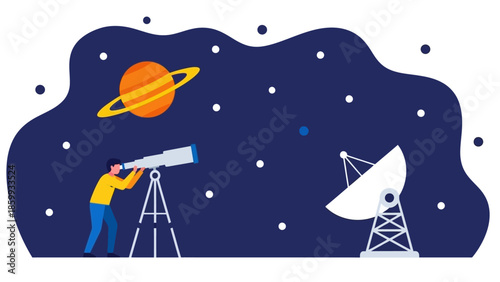 Astronomer Observing the Cosmos Through a Telescope and a Radio Dish Captures the Wonder of Space Exploration