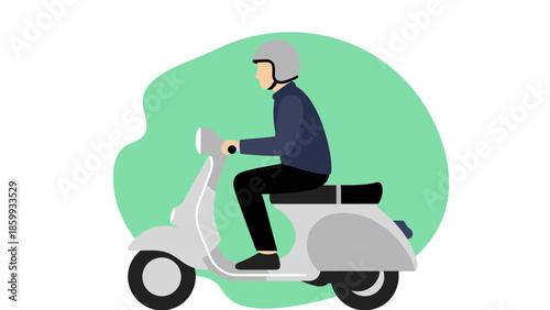 Man riding a scooter in a flat illustration style on a green background