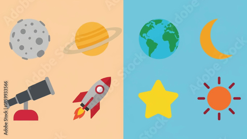 Illustrated icons of celestial bodies, a rocket, and a telescope against a dual-toned background