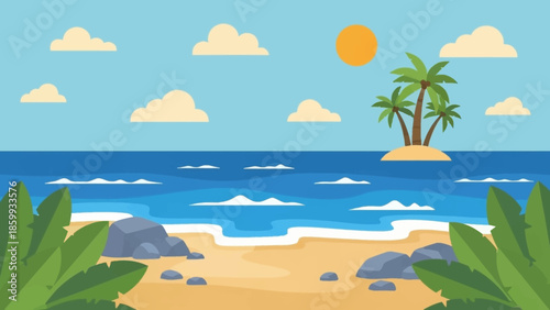 Idyllic tropical beach scene with calm blue ocean, sandy shore, and small island with palm trees under a sunny sky with clouds