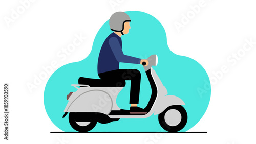 Illustration of a person riding a white scooter with a helmet, on a light blue abstract background