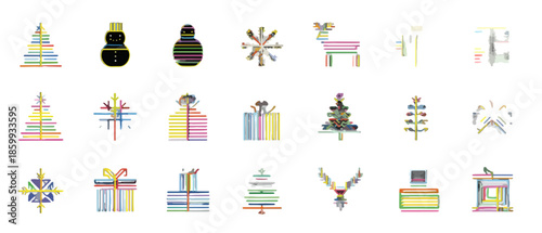 다양한 크리스마스 아이콘 세트: 눈사람, 선물 상자, 크리스마스 트리, 순록, 눈송이 등 투명한 배경에 그려져 있습니다.