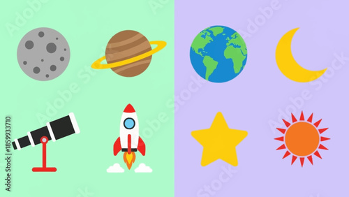 Collection of celestial bodies and space exploration icons including planets, moon, rocket, and telescope