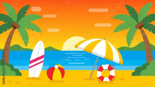 A vibrant beach scene at sunset, featuring palm trees, a surfboard, beach ball, umbrella, and a lifebuoy, evoking a sense of summer vacation and relaxation