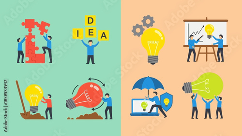 Creative teamwork and innovation concepts illustrated with people building puzzles, lightbulbs, and gears