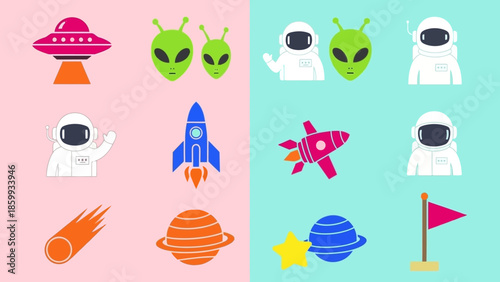 A vibrant collection of colorful space-themed icons featuring UFOs, astronauts, rockets, planets, and aliens
