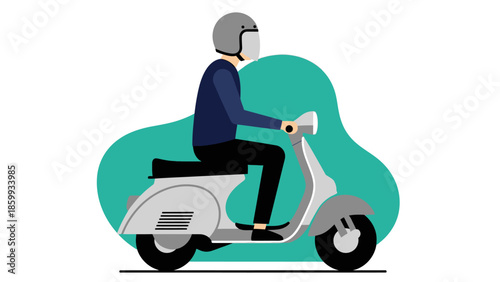 A person riding a scooter wearing a helmet on a teal background, symbolizing urban mobility and transportation