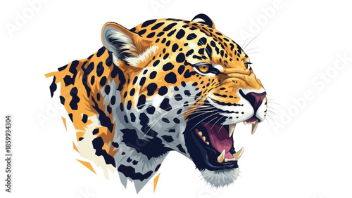 Aggressive jaguar snarling head portrait in profile.