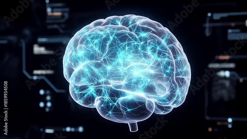 3D Visualization of Human Brain with Glowing Blue Neural Networks and Synapses