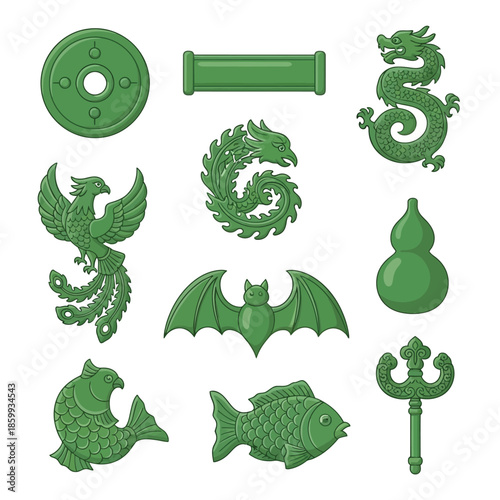 Collection of green stylized traditional Chinese cultural symbols and auspicious motifs, including dragons, phoenixes, bats, fish, and a coin.