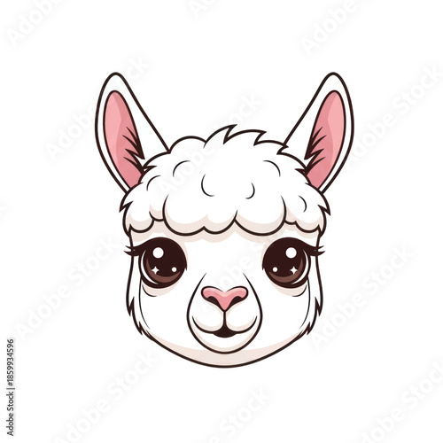 Whimsical cartoon llama head illustration with soft fur and big eyes.